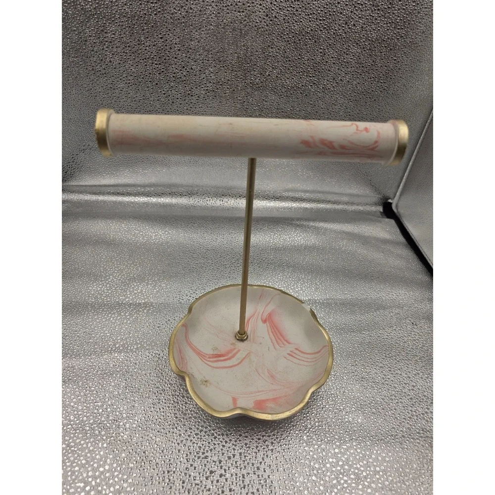 Pink Marbled Jewelry Stand T-Bar Bracelet Holder Catchall Tray Gold 373024 O1
